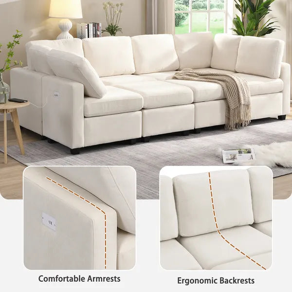 103" Sectional Sofa Couch Sofa Bed U-shaped Sofa with Two Movable Ottoman and Three USB Ports for Living Room