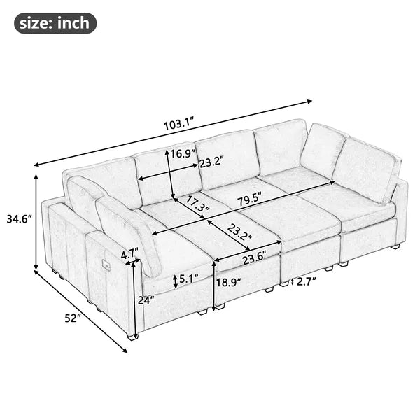 103" Sectional Sofa Couch Sofa Bed U-shaped Sofa with Two Movable Ottoman and Three USB Ports for Living Room