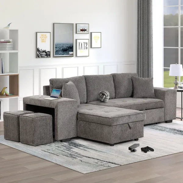 104.5" Pull Out Sleeper Sofa Reversible L-Shape 3 Seat Sectional Couch with Storage Chaise and 2 Stools for Living Room Furniture Set