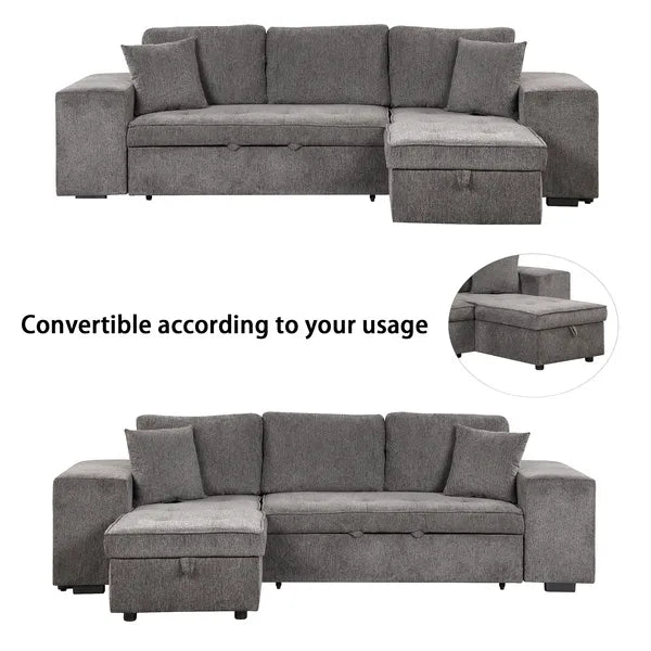 104.5" Pull Out Sleeper Sofa Reversible L-Shape 3 Seat Sectional Couch with Storage Chaise and 2 Stools for Living Room Furniture Set