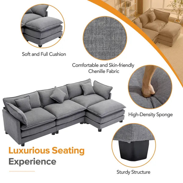 112.2" L-Shape Chenille Upholstered Sofa for Living Room Modern Luxury Sofa Couch with Ottoman and 5 Pillows for Living Room