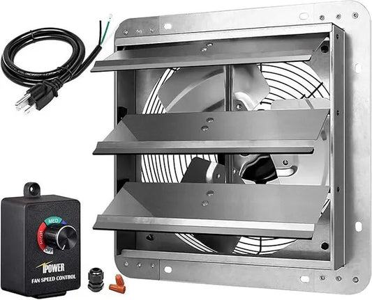 14 Inch Wall Mounted Shutter Exhaust Fan with Speed Controller and Power Cord Kit, Aluminum, 1600 RPM, 1000 CFM, for Attic, Garage, Louvered Vent, Plant, Greenhouse, Silver