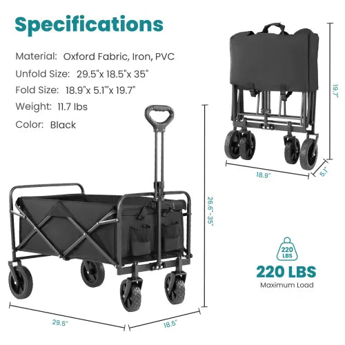 1pc Collapsible Foldable Wagon Cart, 220LBS Heavy Duty Utility Garden Cart With All-Terrain Wheels For Beach, Lawn, Sports, Camping, Black, 30"