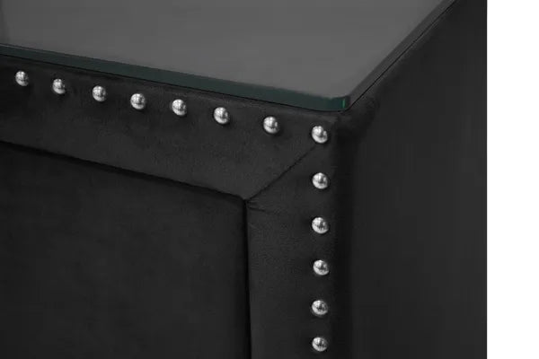 1pc Glam Style Five Drawers Chest Fabric Upholstered Nailhead Tufted Tempered Glass Wood Metal Fabric Bedroom Furniture