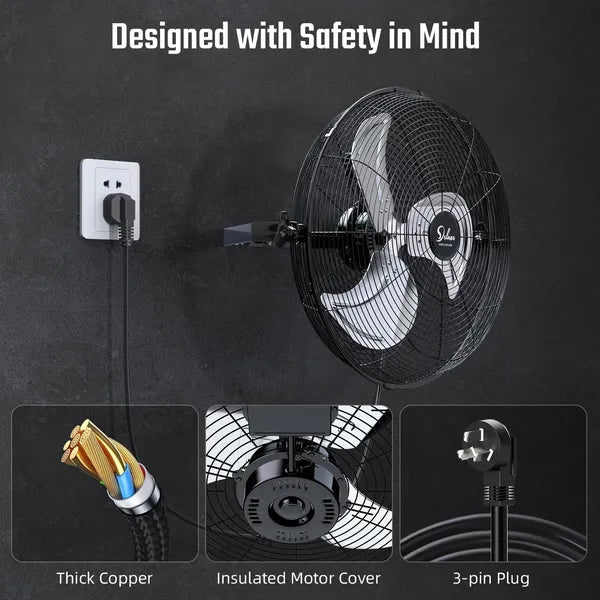 20 Inch High Velocity 3 Speed, Black Wall-Mount Fan