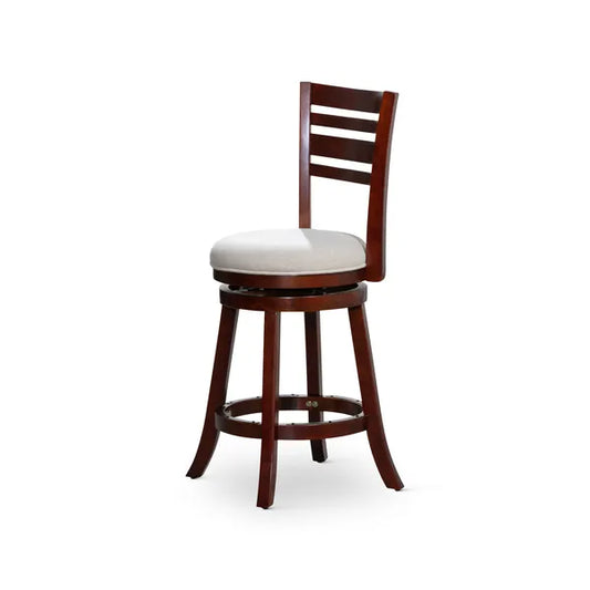 24" Counter Height Slat Back Swivel Stool, Cherry Finish, Beige Fabric Seat