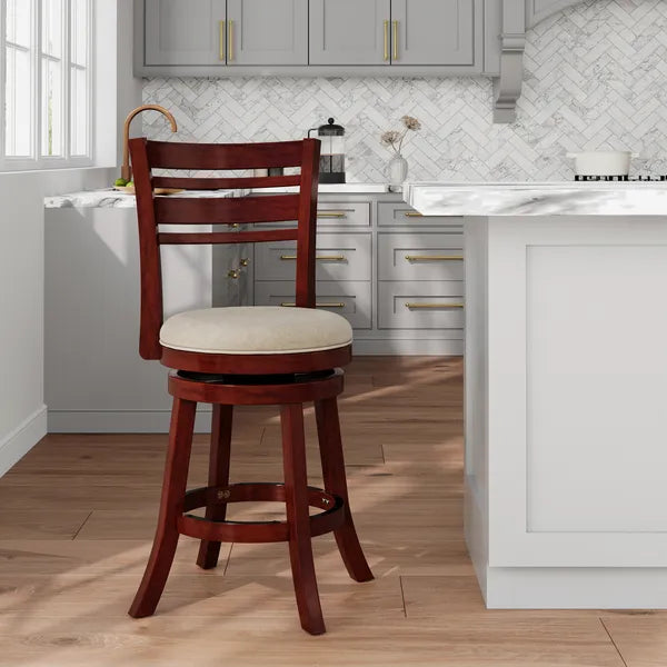 24" Counter Height Slat Back Swivel Stool, Cherry Finish, Beige Fabric Seat