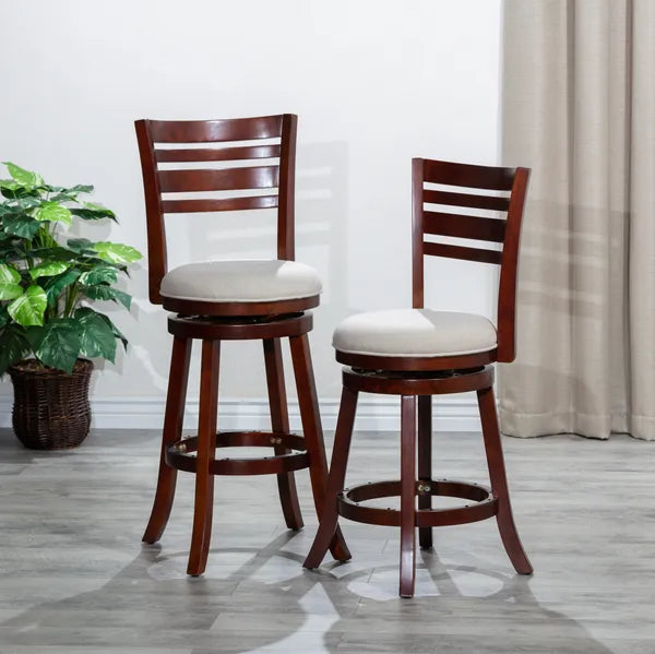 24" Counter Height Slat Back Swivel Stool, Cherry Finish, Beige Fabric Seat