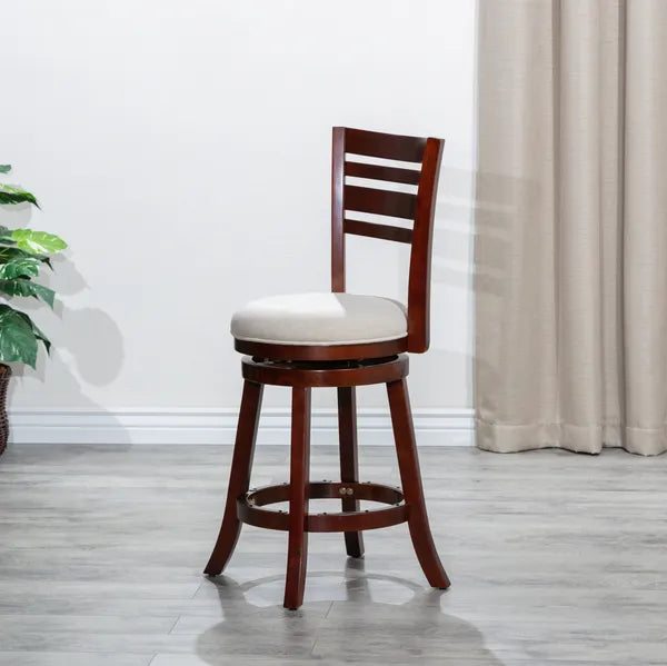 24" Counter Height Slat Back Swivel Stool, Cherry Finish, Beige Fabric Seat