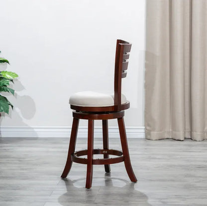 24" Counter Height Slat Back Swivel Stool, Cherry Finish, Beige Fabric Seat