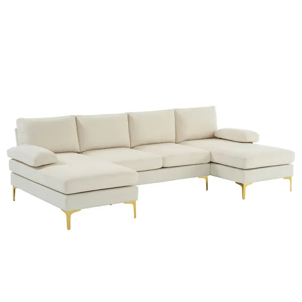 280*130*85 U-Shaped 4-Seat Linen Seat Frame Wooden Frame Back Iron Frame Golden Feet Indoor Modular Sofa Beige