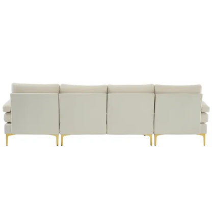 280*130*85 U-Shaped 4-Seat Linen Seat Frame Wooden Frame Back Iron Frame Golden Feet Indoor Modular Sofa Beige