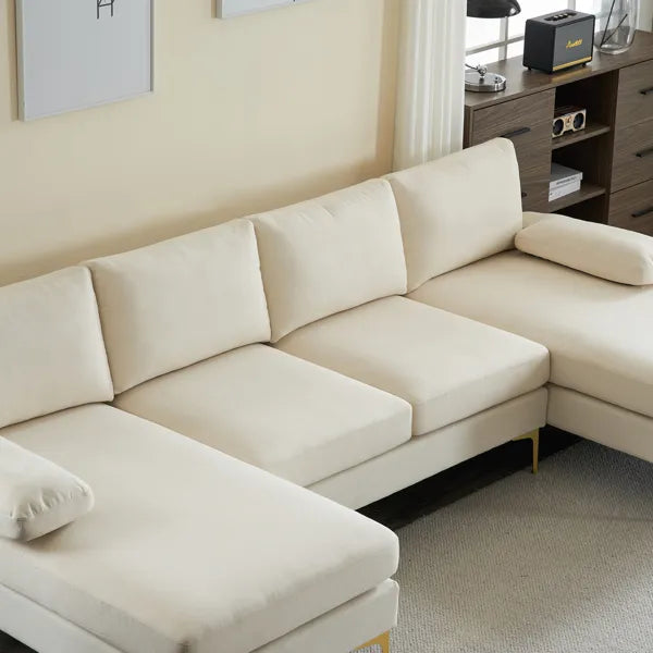 280*130*85 U-Shaped 4-Seat Linen Seat Frame Wooden Frame Back Iron Frame Golden Feet Indoor Modular Sofa Beige