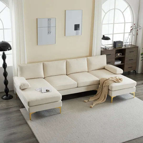 280*130*85 U-Shaped 4-Seat Linen Seat Frame Wooden Frame Back Iron Frame Golden Feet Indoor Modular Sofa Beige