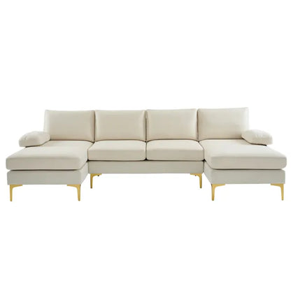 280*130*85 U-Shaped 4-Seat Linen Seat Frame Wooden Frame Back Iron Frame Golden Feet Indoor Modular Sofa Beige