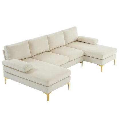 280*130*85 U-Shaped 4-Seat Linen Seat Frame Wooden Frame Back Iron Frame Golden Feet Indoor Modular Sofa Beige