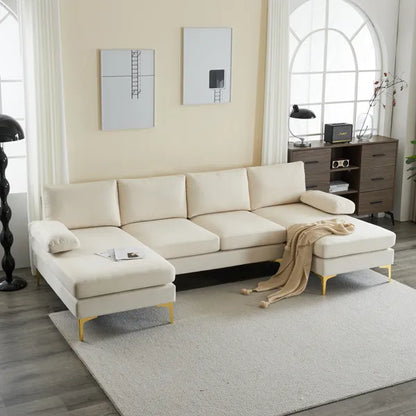 280*130*85 U-Shaped 4-Seat Linen Seat Frame Wooden Frame Back Iron Frame Golden Feet Indoor Modular Sofa Beige