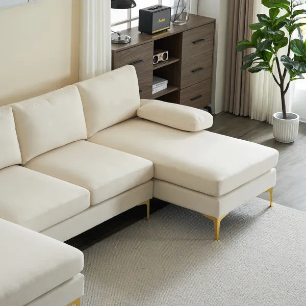 280*130*85 U-Shaped 4-Seat Linen Seat Frame Wooden Frame Back Iron Frame Golden Feet Indoor Modular Sofa Beige