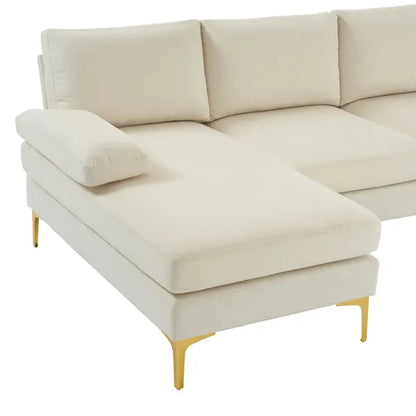 280*130*85 U-Shaped 4-Seat Linen Seat Frame Wooden Frame Back Iron Frame Golden Feet Indoor Modular Sofa Beige