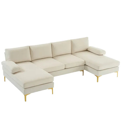 280*130*85 U-Shaped 4-Seat Linen Seat Frame Wooden Frame Back Iron Frame Golden Feet Indoor Modular Sofa Beige