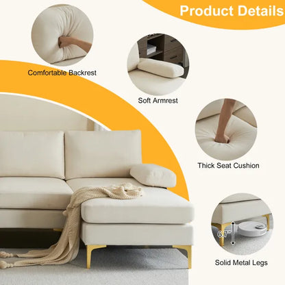 280*130*85 U-Shaped 4-Seat Linen Seat Frame Wooden Frame Back Iron Frame Golden Feet Indoor Modular Sofa Beige