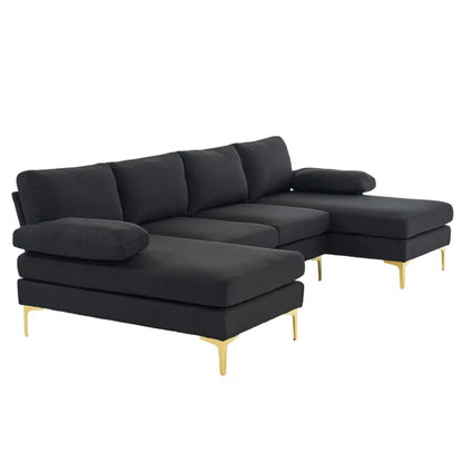 280*130*85 U-Shaped 4-Seat Linen Seat Frame Wooden Frame Back Iron Frame Golden Feet Indoor Modular Sofa Black