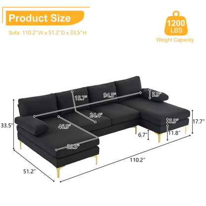 280*130*85 U-Shaped 4-Seat Linen Seat Frame Wooden Frame Back Iron Frame Golden Feet Indoor Modular Sofa Black