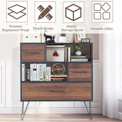 3-Tier Wood Storage Cabinet with Drawers and 4 Metal Legs