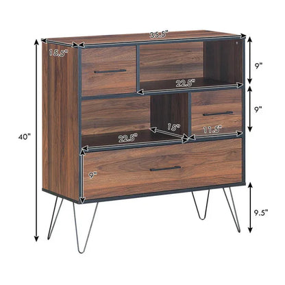 3-Tier Wood Storage Cabinet with Drawers and 4 Metal Legs