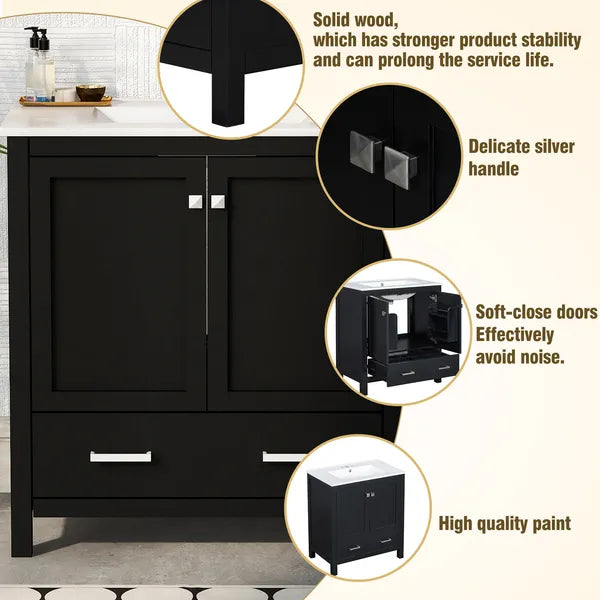 30" Bathroom Vanity with Single Sink, Combo Cabinet Undermount Sink, Bathroom Storage Cabinet with 2 Doors and a Drawer, Soft Closing, Multifunctional Storage, Solid Wood Frame