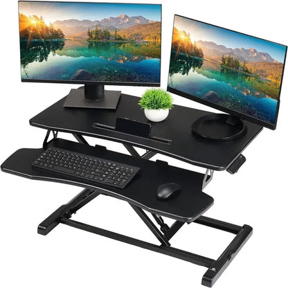 32 Inch Desk Converter, Height Adjustable Sit to Stand Riser, Dual Monitor and Laptop Workstation with Wide Keyboard Tray