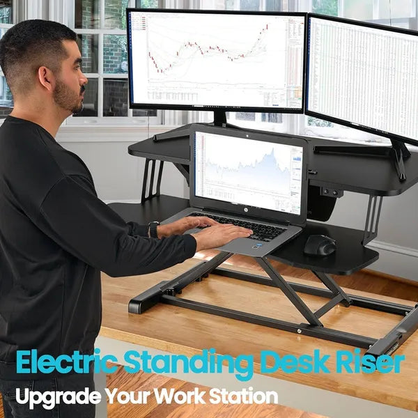 32 Inch Desk Converter, Height Adjustable Sit to Stand Riser, Dual Monitor and Laptop Workstation with Wide Keyboard Tray