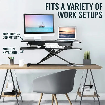 32 Inch Desk Converter, Height Adjustable Sit to Stand Riser, Dual Monitor and Laptop Workstation with Wide Keyboard Tray