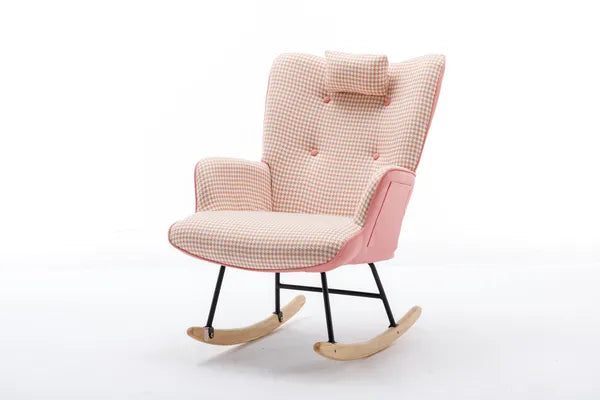 35.5 inch Rocking Chair, Soft Houndstooth Fabric Leather Fabric Rocking Chair for Nursery, Comfy Wingback Glider Rocker with Safe Solid Wood Base for Living Room Bedroom Balcony