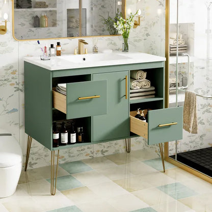 36'' Bathroom Vanity with Resin Sink Combo Set, Modern Freestanding Single Bathroom Cabinet with 2 Drawers & 2 Storage Compartments, Storage Cabinet for Bathroom, Solid Wood Frame Vanity Set, Green