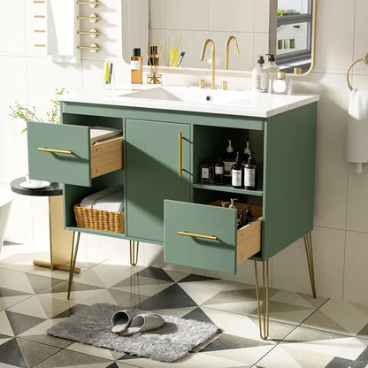 36'' Bathroom Vanity with Resin Sink Combo Set, Modern Freestanding Single Bathroom Cabinet with 2 Drawers & 2 Storage Compartments, Storage Cabinet for Bathroom, Solid Wood Frame Vanity Set, Green