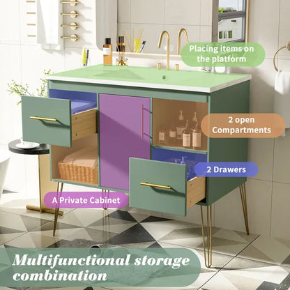 36'' Bathroom Vanity with Resin Sink Combo Set, Modern Freestanding Single Bathroom Cabinet with 2 Drawers & 2 Storage Compartments, Storage Cabinet for Bathroom, Solid Wood Frame Vanity Set, Green