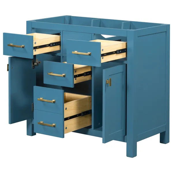 36'' Bathroon Vanity without, Modern Freestanding Single Bathroom Cabinet with 4 Drawers & 2 Cabinets,Storage Cabinet for Bathroom, Solid Wood Frame Vanity Only, Blue (NOT INCLUDE SINK)