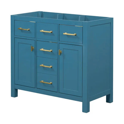 36'' Bathroon Vanity without, Modern Freestanding Single Bathroom Cabinet with 4 Drawers & 2 Cabinets,Storage Cabinet for Bathroom, Solid Wood Frame Vanity Only, Blue (NOT INCLUDE SINK)