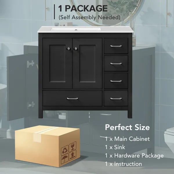 36" Black Bathroom Vanity with Ceramic Sink Combo, Abundant Storage Cabinet -2 Soft close doors and 5 drawers