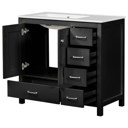 36" Black Bathroom Vanity with Ceramic Sink Combo, Abundant Storage Cabinet -2 Soft close doors and 5 drawers