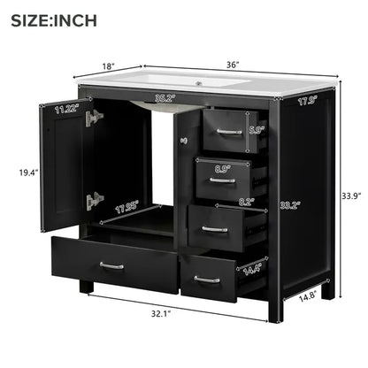 36" Black Bathroom Vanity with Ceramic Sink Combo, Abundant Storage Cabinet -2 Soft close doors and 5 drawers