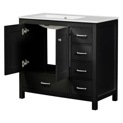 36" Black Bathroom Vanity with Ceramic Sink Combo, Abundant Storage Cabinet -2 Soft close doors and 5 drawers