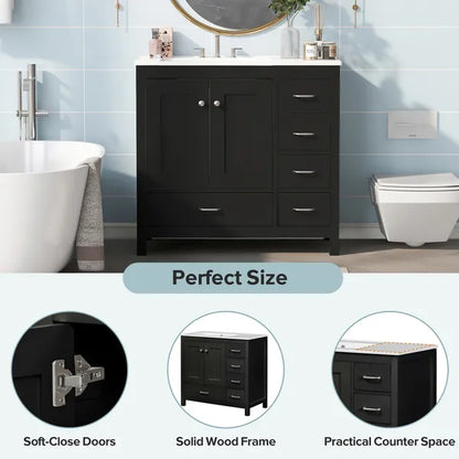 36" Black Bathroom Vanity with Ceramic Sink Combo, Abundant Storage Cabinet -2 Soft close doors and 5 drawers