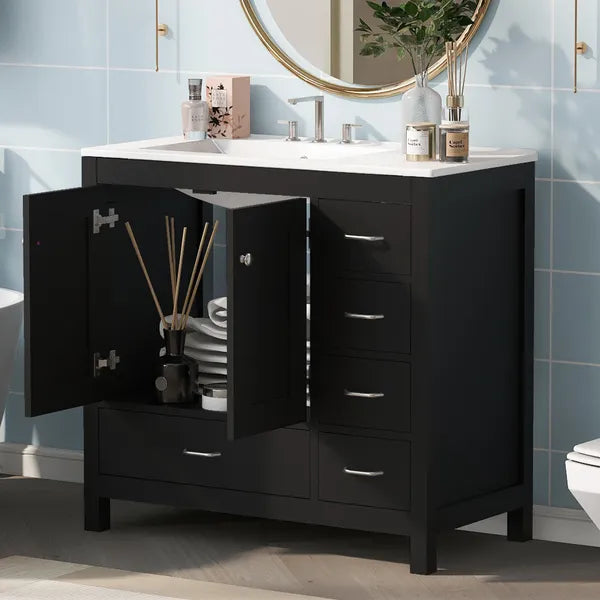 36" Black Bathroom Vanity with Ceramic Sink Combo, Abundant Storage Cabinet -2 Soft close doors and 5 drawers