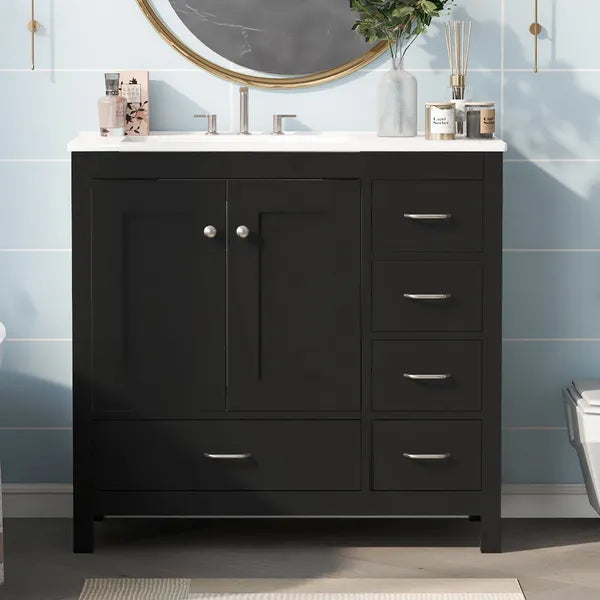 36" Black Bathroom Vanity with Ceramic Sink Combo, Abundant Storage Cabinet -2 Soft close doors and 5 drawers