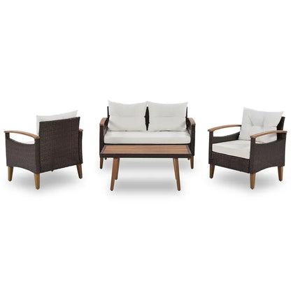 4-Piece Garden Furniture;  Patio Seating Set;  PE Rattan Outdoor Sofa Set;  Wood Table and Legs;  Brown and Beige