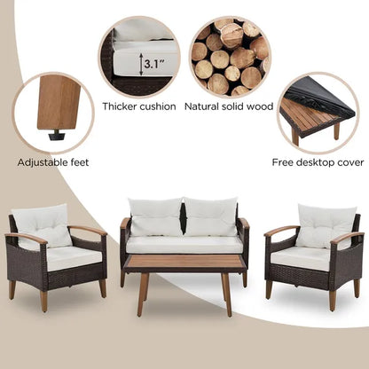 4-Piece Garden Furniture;  Patio Seating Set;  PE Rattan Outdoor Sofa Set;  Wood Table and Legs;  Brown and Beige