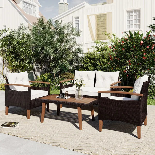 4-Piece Garden Furniture;  Patio Seating Set;  PE Rattan Outdoor Sofa Set;  Wood Table and Legs;  Brown and Beige