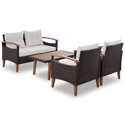 4-Piece Garden Furniture;  Patio Seating Set;  PE Rattan Outdoor Sofa Set;  Wood Table and Legs;  Brown and Beige